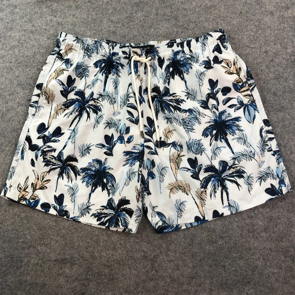 Rodd & Gunn Mens Swim Trunks XL Tropical Palm Tree Print White Navy Blue